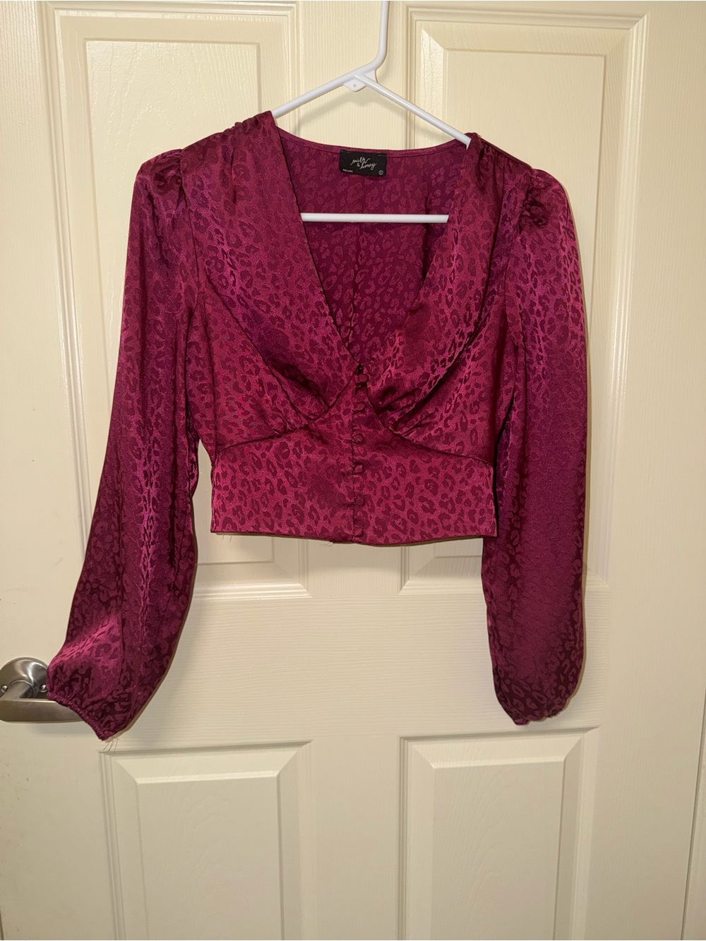 Womens Deep Berry Satin Leopard Crop Blouse